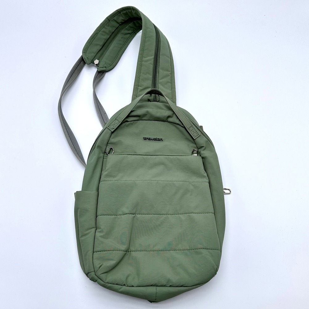 Travelon Anti-Theft Convertible Sling Backpack Sage Green Nylon Quilted Bag